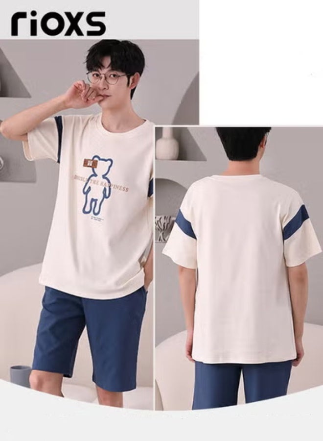 ريوكس طقم بيجامة مطابق للأزواج من قطعتين، بيجامة قطنية ناعمة ومسامية بأكمام قصيرة للرجال، قمصان فضفاضة بأكمام قصيرة ورقبة مستديرة وشورتات واسعة، طقم ملابس منزلية مريح وعصري للاستخدام في الفنادق والعطلات المنزلية وحفلات البيجامة وغيرها، باللونين الأبيض والأزرق - Image 3